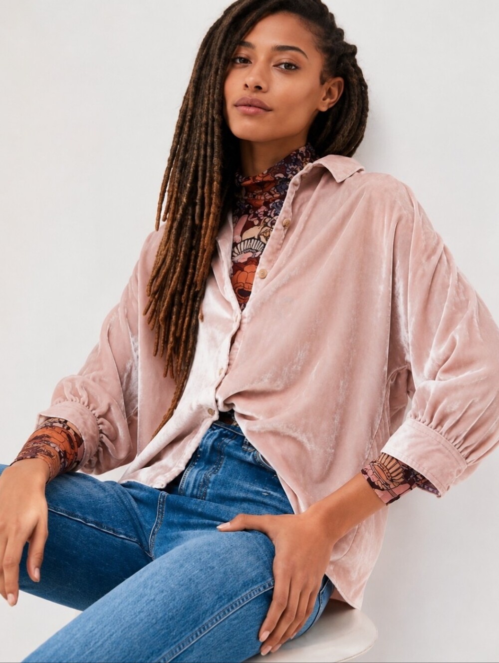 ANTHRO Pilcro Velvet Button-front Shirt Sz Small Dusty Rose Oversized Fit